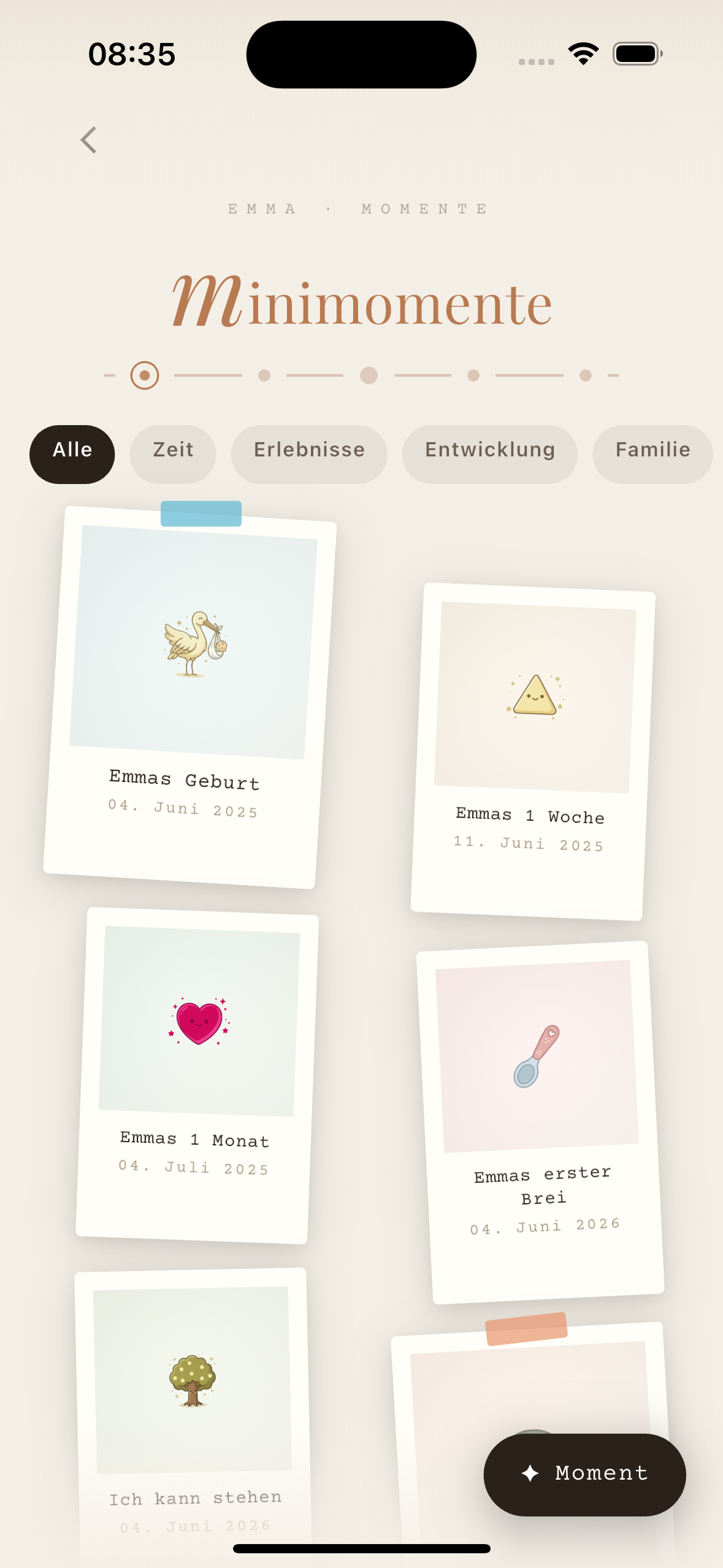Minimomente App — Polaroid-Pinnwand mit Baby Meilensteinen