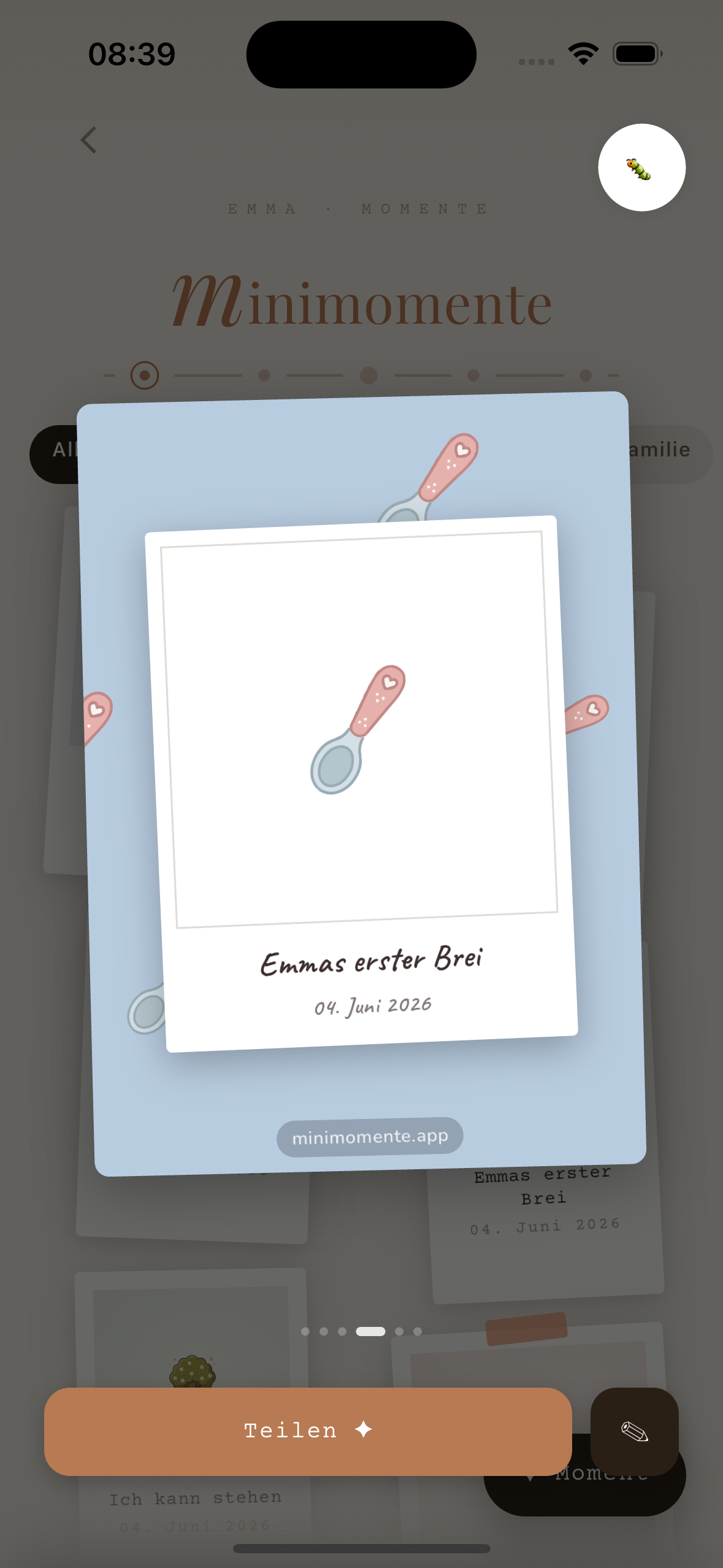 Minimomente App — share-ready Meilenstein-Karte zum Teilen